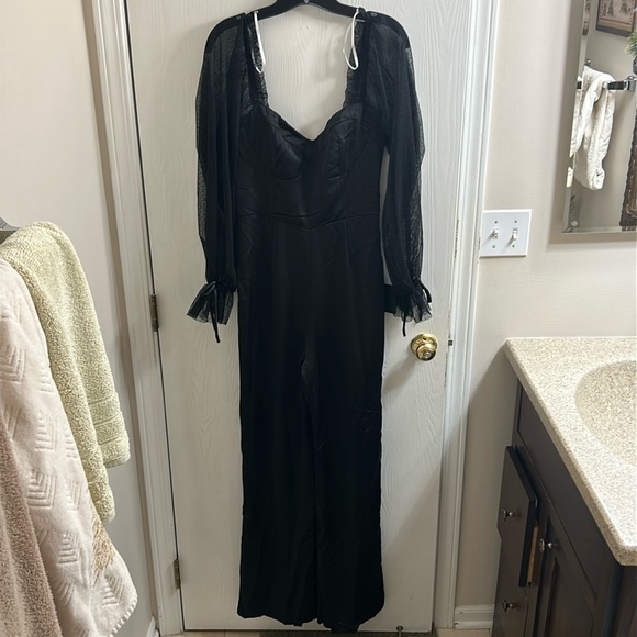 lulu’s Modern Black Satin Mesh Long Sleeve Bustier Jumpsuit - Picture 2 of 8